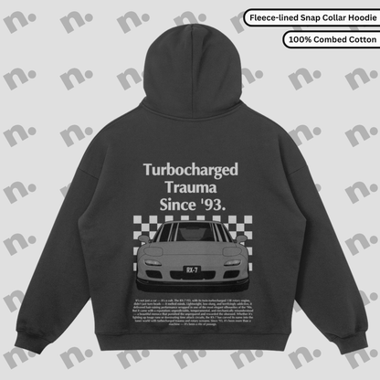 Turbocharged Trauma Since ’93 RX-7 snap collar fleece hoodie – stylish and functional hoodie for JDM lovers, with premium warmth and standout design.

