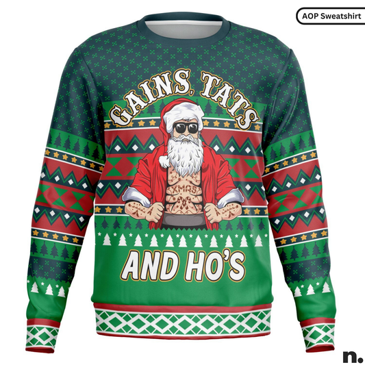 Green sweater with a graphic of a tattooed Santa Claus and text 'Gains, Tans and Ho's' on a white background.