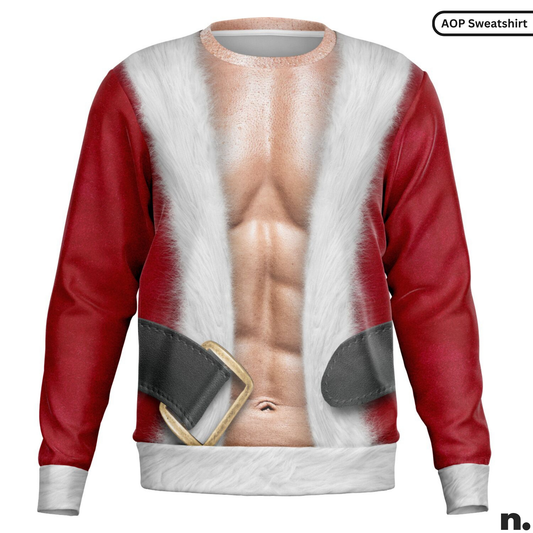 Sweatshirt with a graphic design of a muscular Santa Claus outfit on a white background.