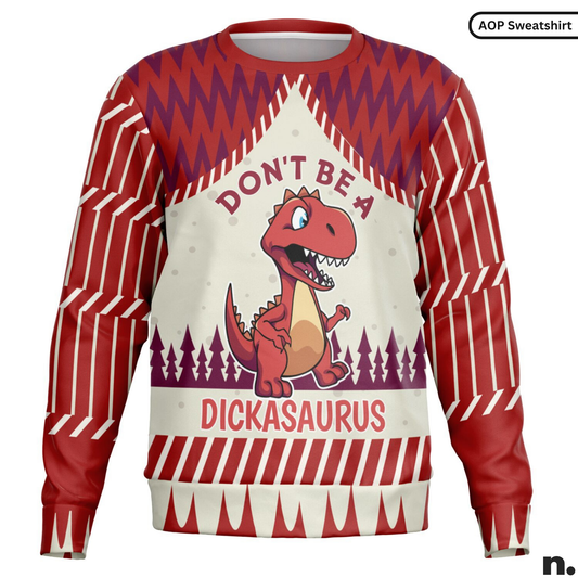 Sweatshirt with a cartoon dinosaur and text on a red and white patterned background