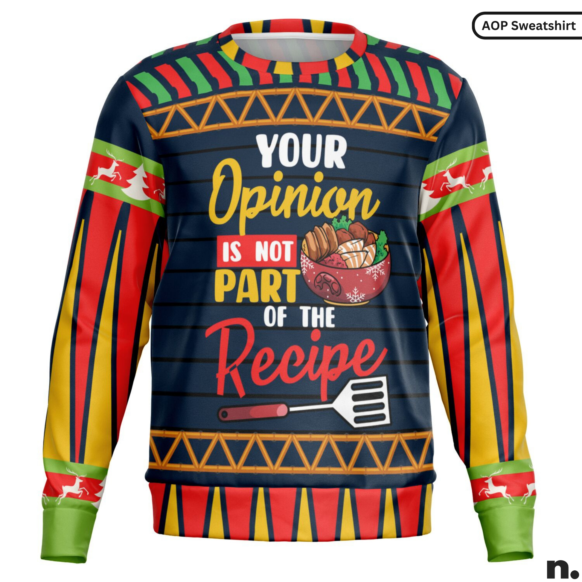 Colorful sweater with text and graphics on a white background
