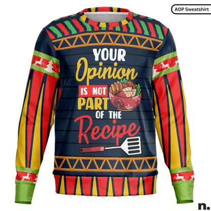 Colorful sweater with text and graphics on a white background