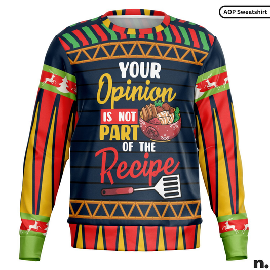 Colorful sweater with text and graphics on a white background