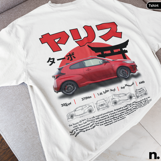 White t-shirt with red car graphic and Japanese text on a white background