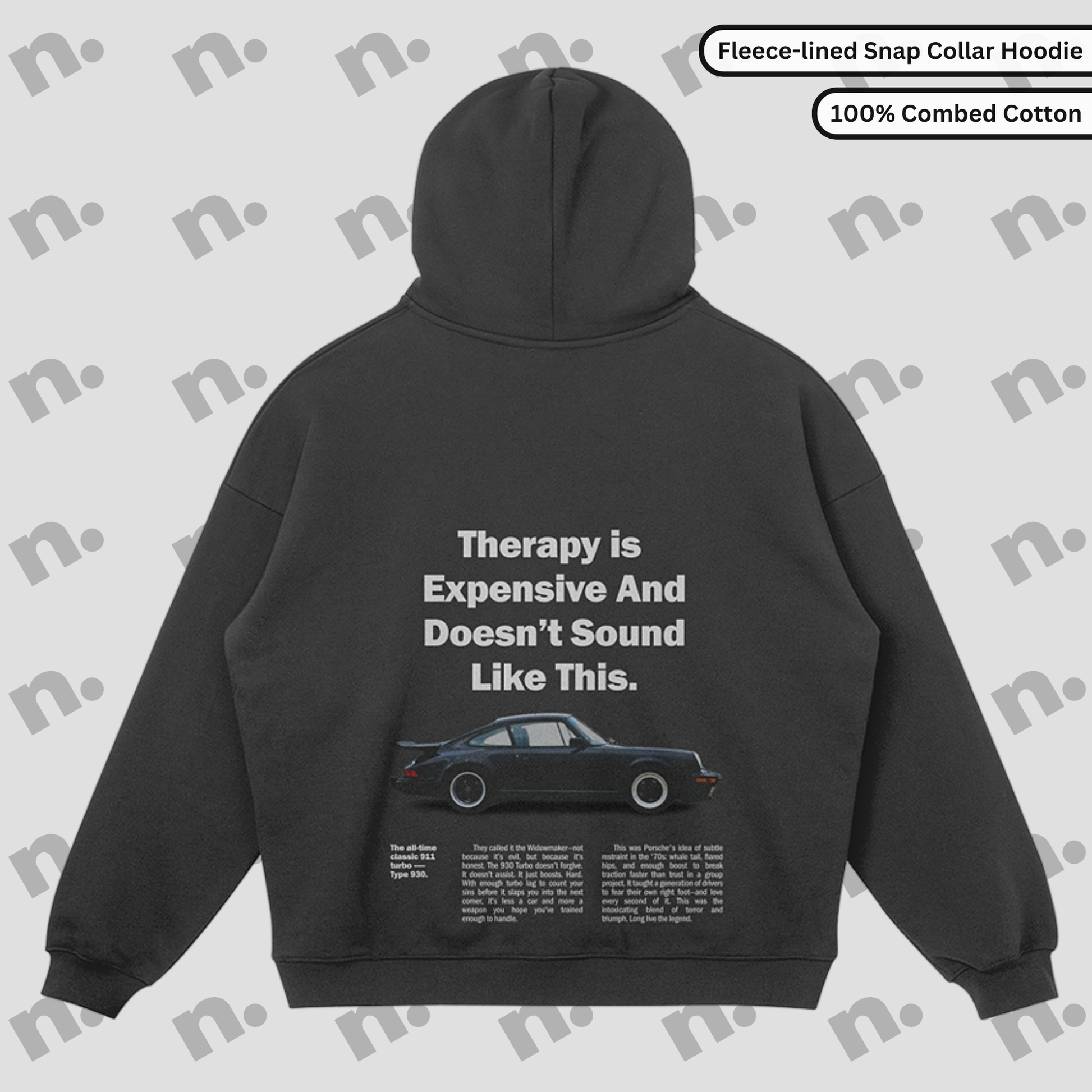 Flat lay of the 911 Therapy Snap Collar Fleece Premium Hoodie featuring a classic 911 graphic and 'Therapy is Expensive' slogan.