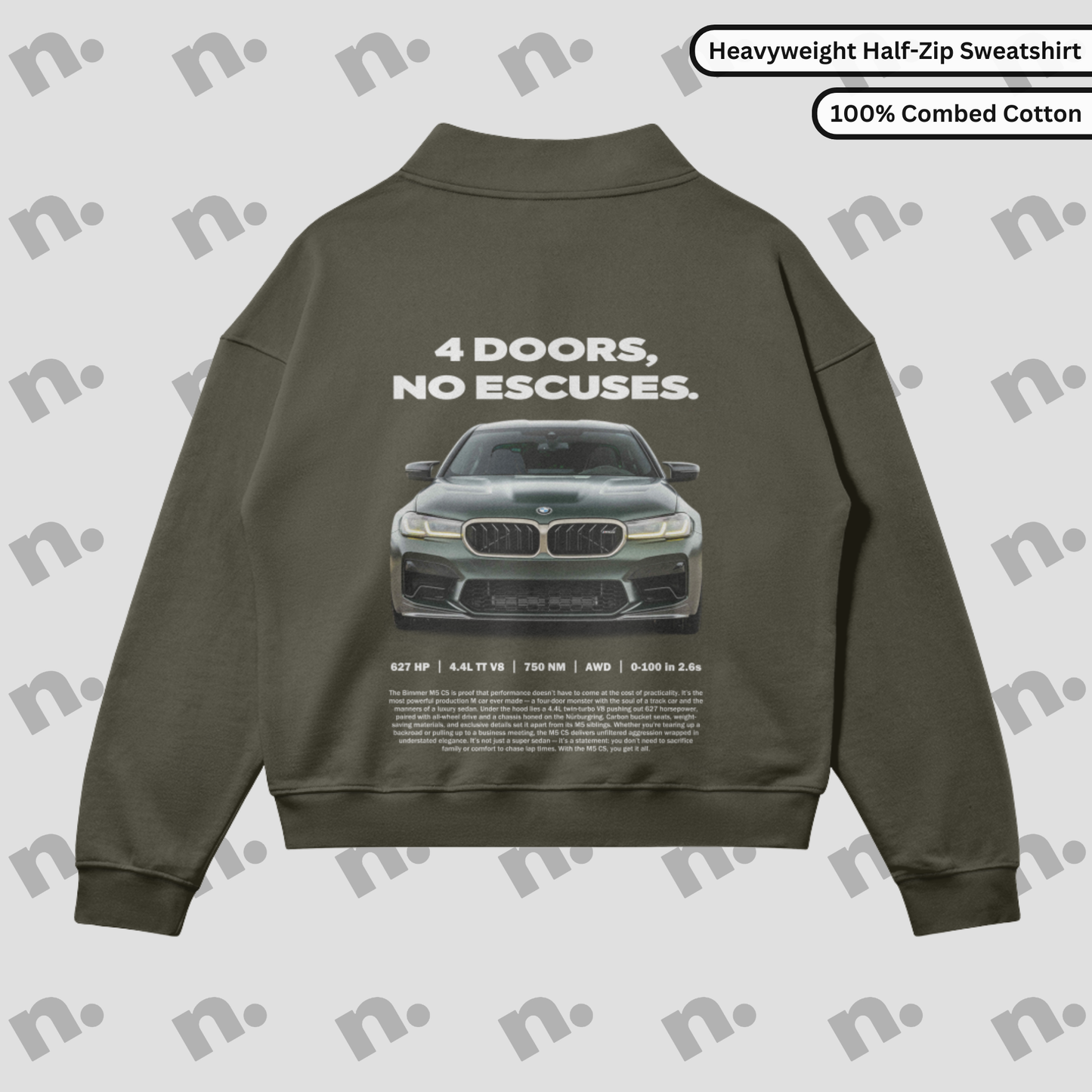 Premium fleece-lined sweatshirt featuring “4 Doors, No Excuses.” design — a tribute to the BMW M5 CS, blending speed, comfort, and bold style.