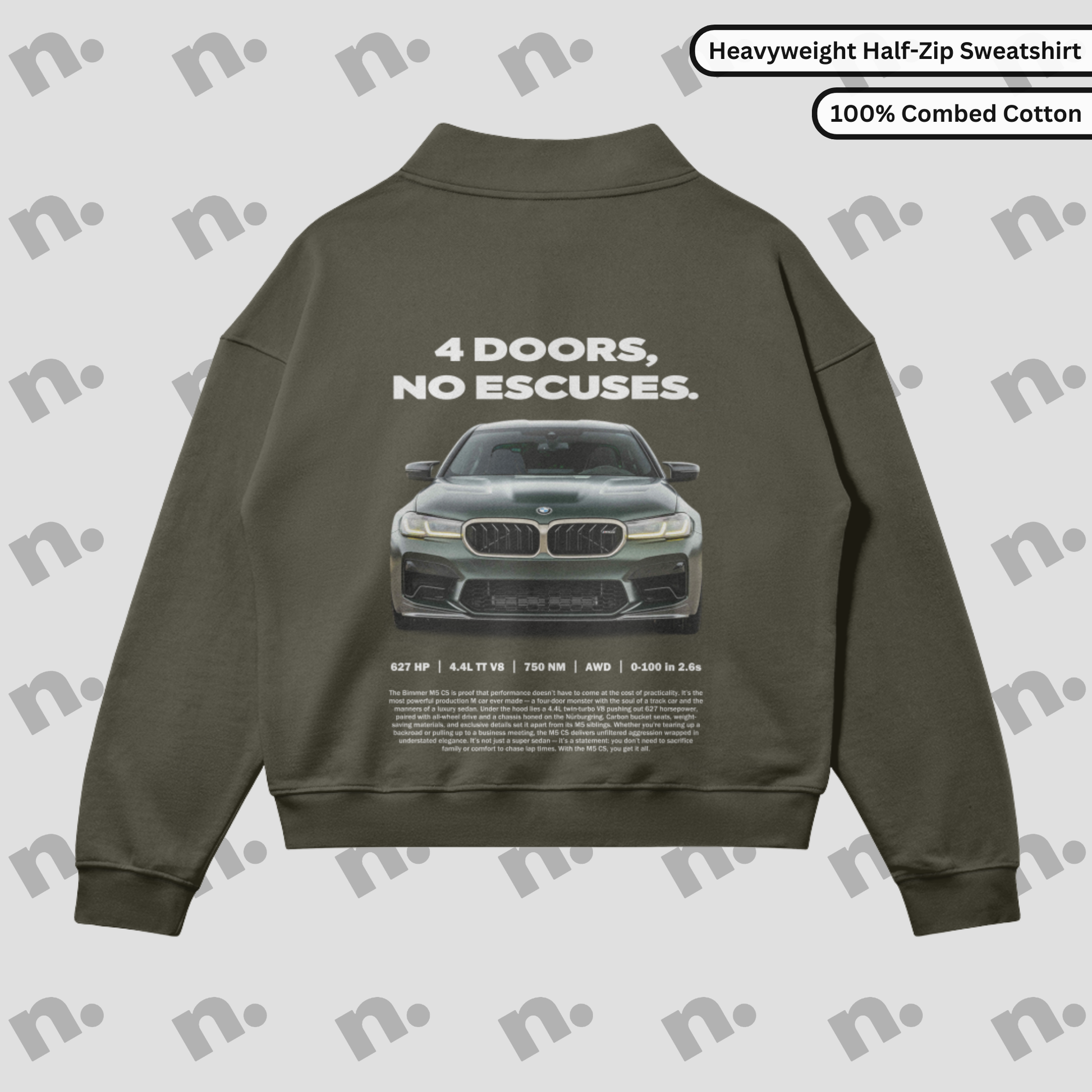 Premium fleece-lined sweatshirt featuring “4 Doors, No Excuses.” design — a tribute to the BMW M5 CS, blending speed, comfort, and bold style.