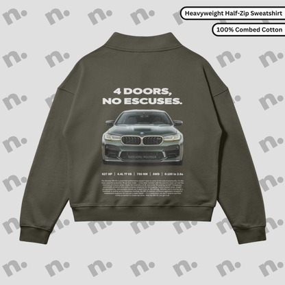 Premium fleece-lined sweatshirt featuring “4 Doors, No Excuses.” design — a tribute to the BMW M5 CS, blending speed, comfort, and bold style.