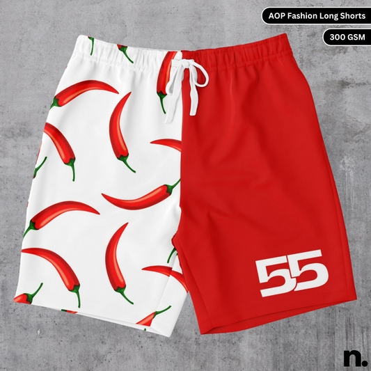 Flat lay mockup of Carlos Sainz F1 inspired long shorts featuring bold red and racing livery accents