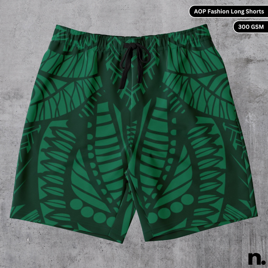 A flat lay of men's long shorts with an all-over green tribal retro pattern, showcasing the drawstring closure and pockets.