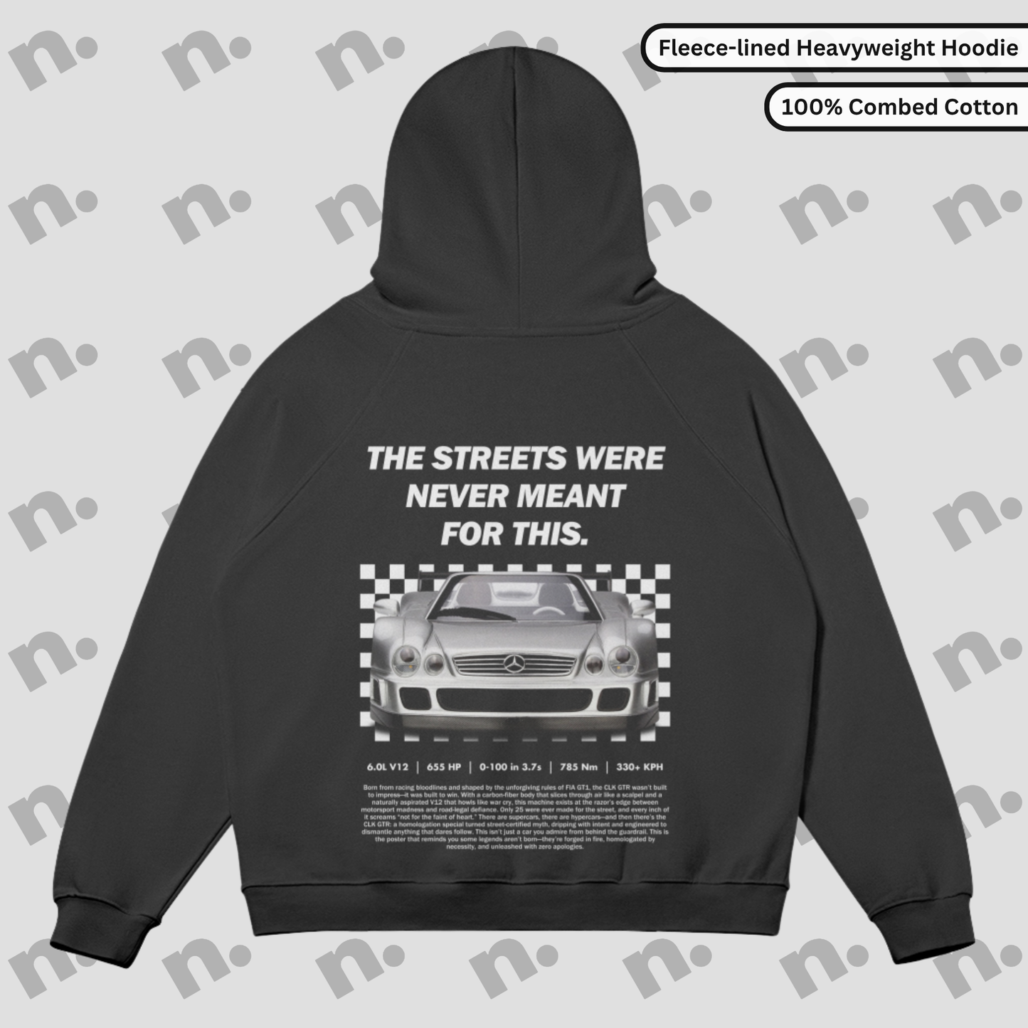 Oversized fleece-lined hoodie inspired by the legend in grayscale tones with raglan sleeves and high collar.