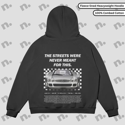 Oversized fleece-lined hoodie inspired by the legend in grayscale tones with raglan sleeves and high collar.