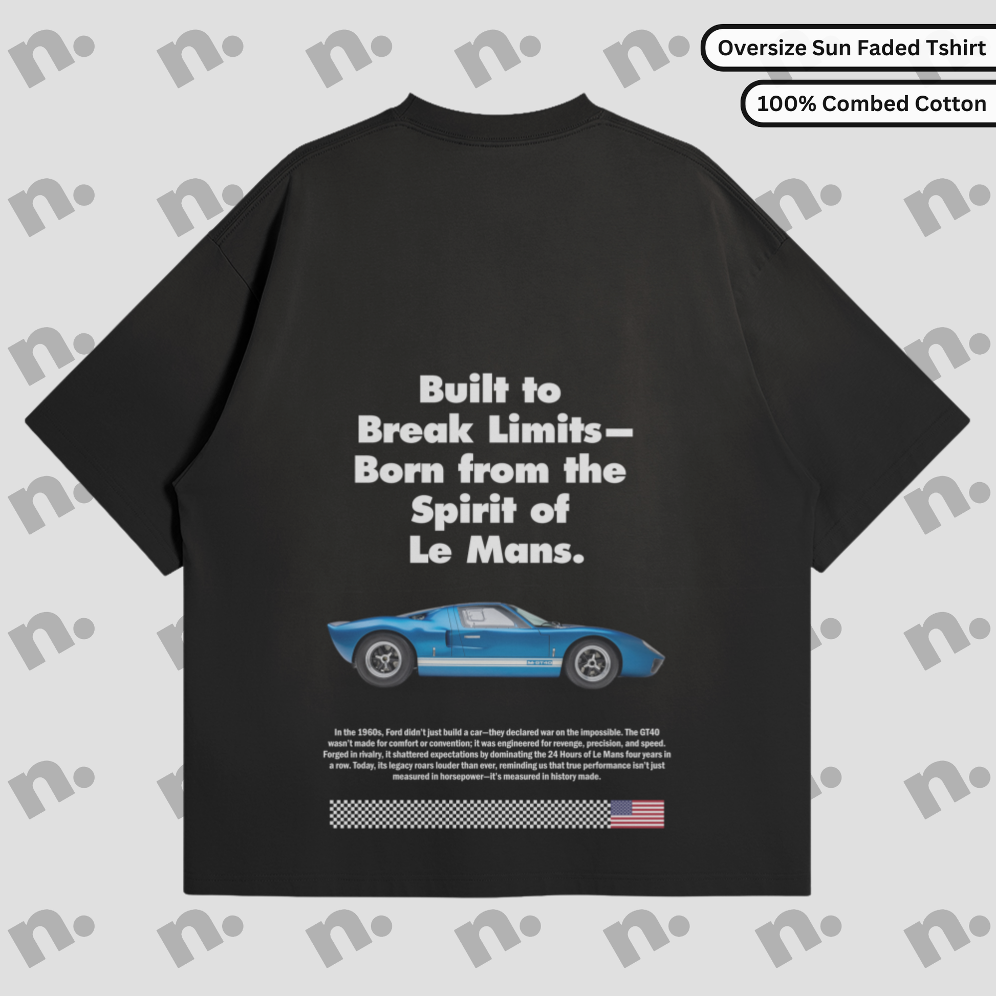 Flat lay of a premium T-shirt featuring a bold GT40 Le Mans poster-style graphic, arranged with vintage racing accessories on a clean background.