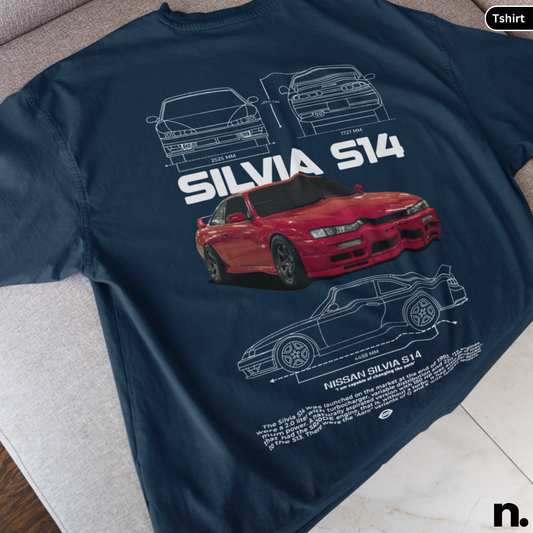 Navy blue t-shirt with red car design and 'Silvia S14' text on a gray surface.