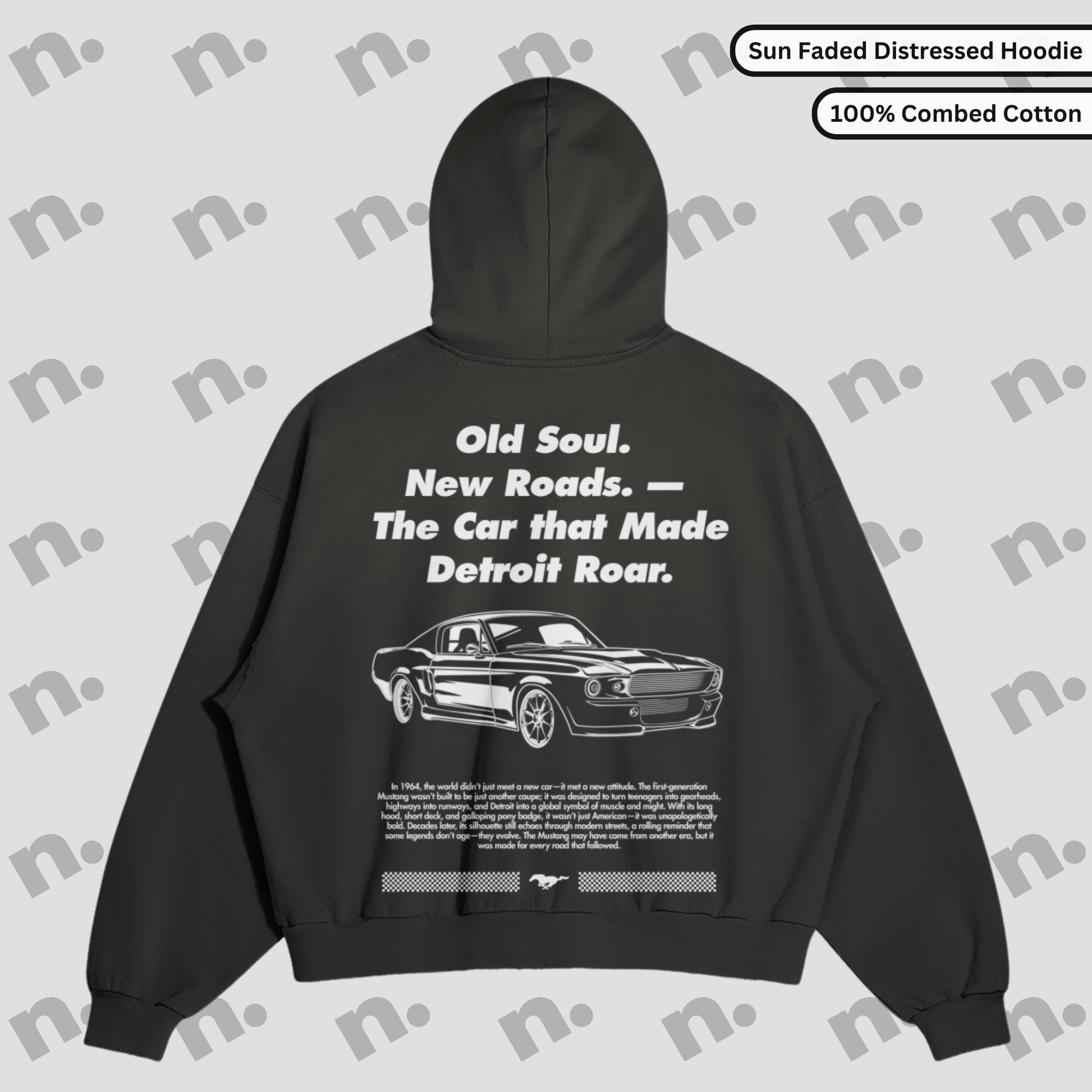 Old Soul Stang distressed premium hoodie – classic muscle car hoodie with vintage wash and streetwear style


