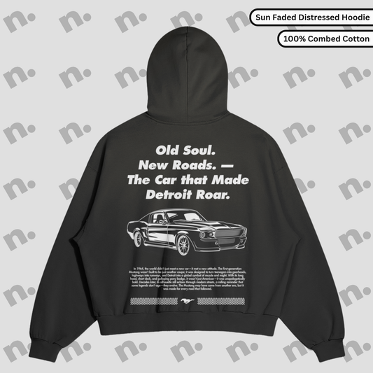 Old Soul Stang distressed premium hoodie – classic muscle car hoodie with vintage wash and streetwear style

