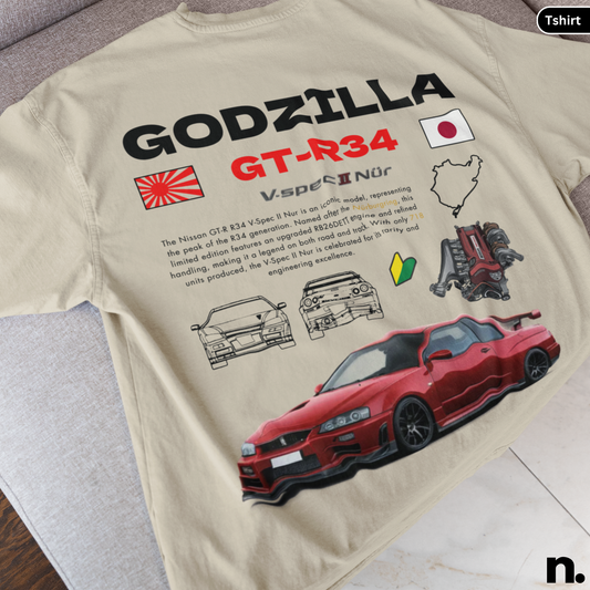 Godzilla GTR R34 V-spec II Nur Poster Style Back Print Unisex Cotton Tee,