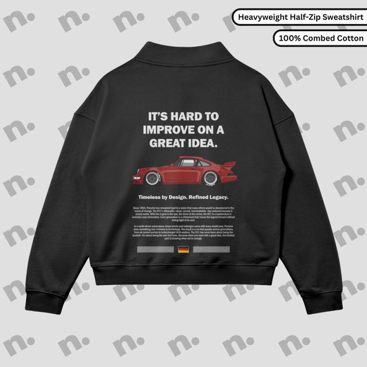 Stand collar half-zip sweatshirt inspired by the Porsche 911 legacy, featuring a clean, motorsport-influenced design with a premium fit for automotive enthusiasts.

