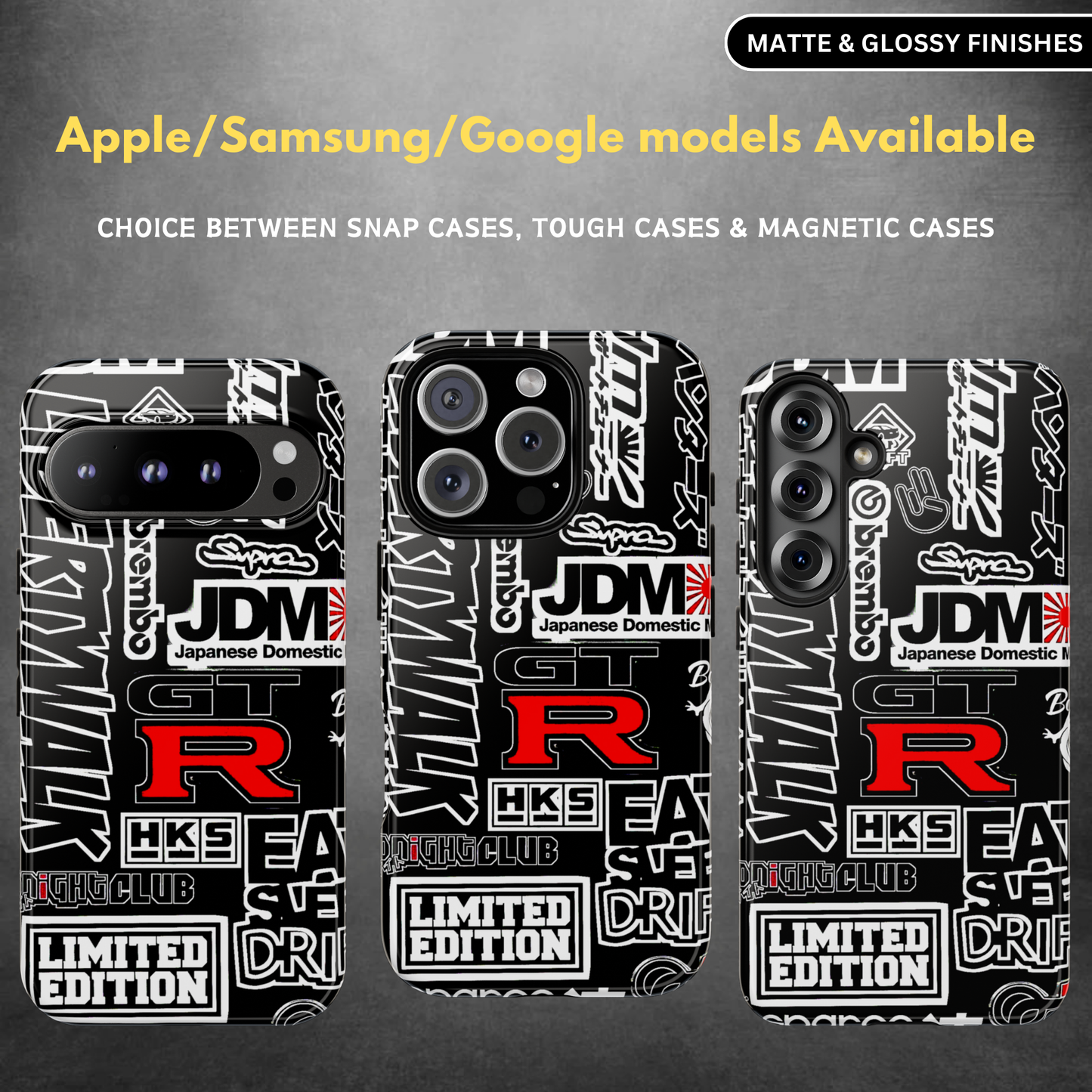 A phone case with a black and red collage-inspired design, featuring text and graphic elements related to car culture. The case is displayed on a phone in both matte and glossy finishes.