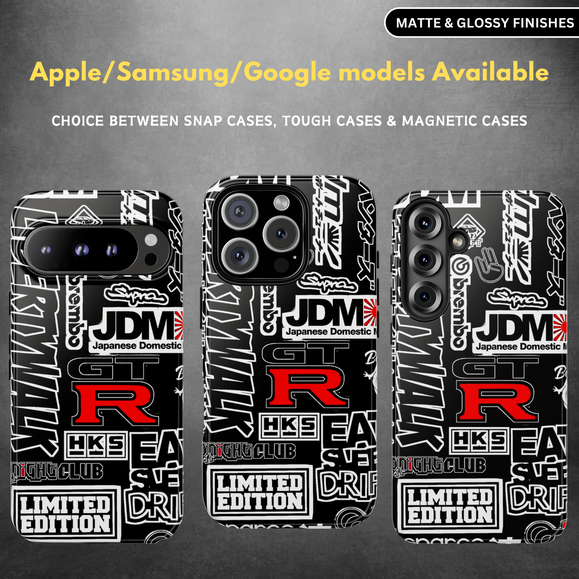 A phone case with a black and red collage-inspired design, featuring text and graphic elements related to car culture. The case is displayed on a phone in both matte and glossy finishes.