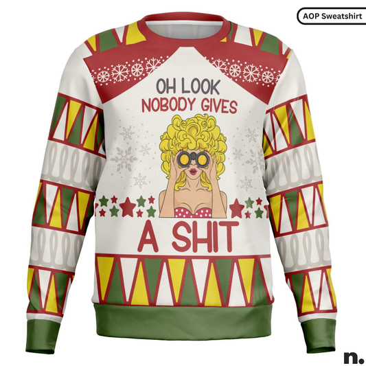Sweatshirt with colorful design and text, featuring a graphic of a woman with sunglasses.