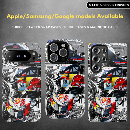 A phone case with a colorful, geometric pattern design, showcasing a matte and glossy finish options.