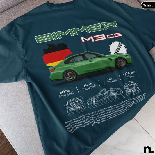 Green t-shirt with car graphic and text on a surface