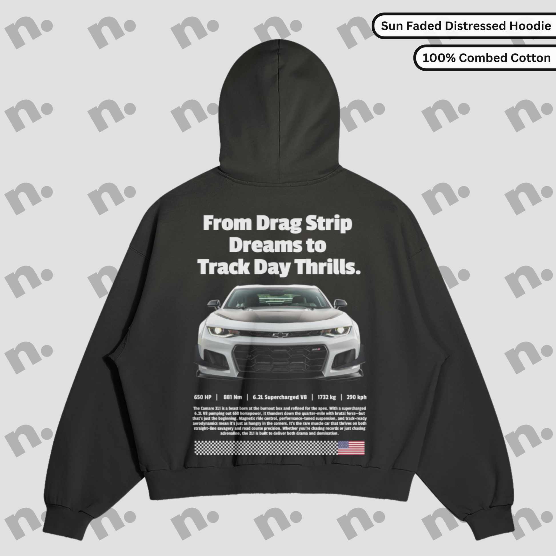 Flat lay of heavyweight hoodie with washed gradient and distressed edges, inspired by vintage speed and garage-worn aesthetics.