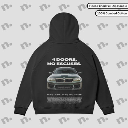  Full-zip fleece hoodie with “4 Doors, No Excuses.” print — inspired by the power and attitude of the BMW M5 CS, made for high-performance lifestyle lovers.