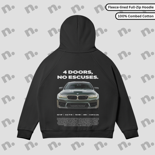  Full-zip fleece hoodie with “4 Doors, No Excuses.” print — inspired by the power and attitude of the BMW M5 CS, made for high-performance lifestyle lovers.