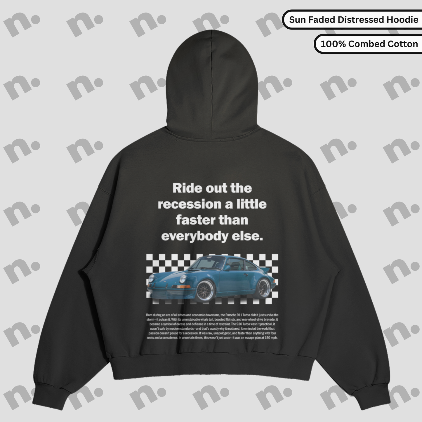 911 Turbo Recession Runner distressed sun faded hoodie – premium hoodie with worn-in Porsche 911 turbo styling and retro edge

