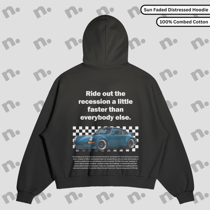 911 Turbo Recession Runner distressed sun faded hoodie – premium hoodie with worn-in Porsche 911 turbo styling and retro edge


