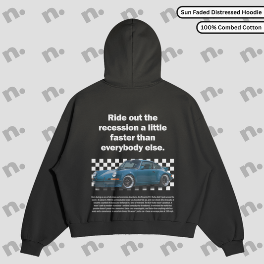 911 Turbo Recession Runner distressed sun faded hoodie – premium hoodie with worn-in Porsche 911 turbo styling and retro edge

