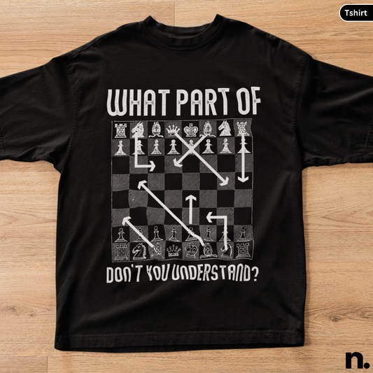 Black t-shirt with a chess-themed graphic and text on a wooden surface