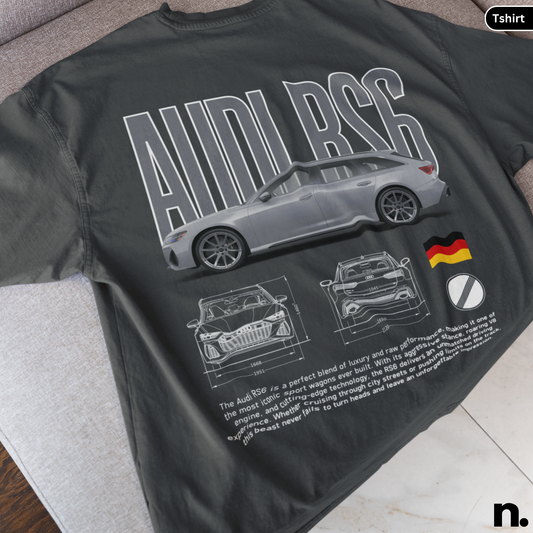Black t-shirt with Audi RS6 design on a gray surface