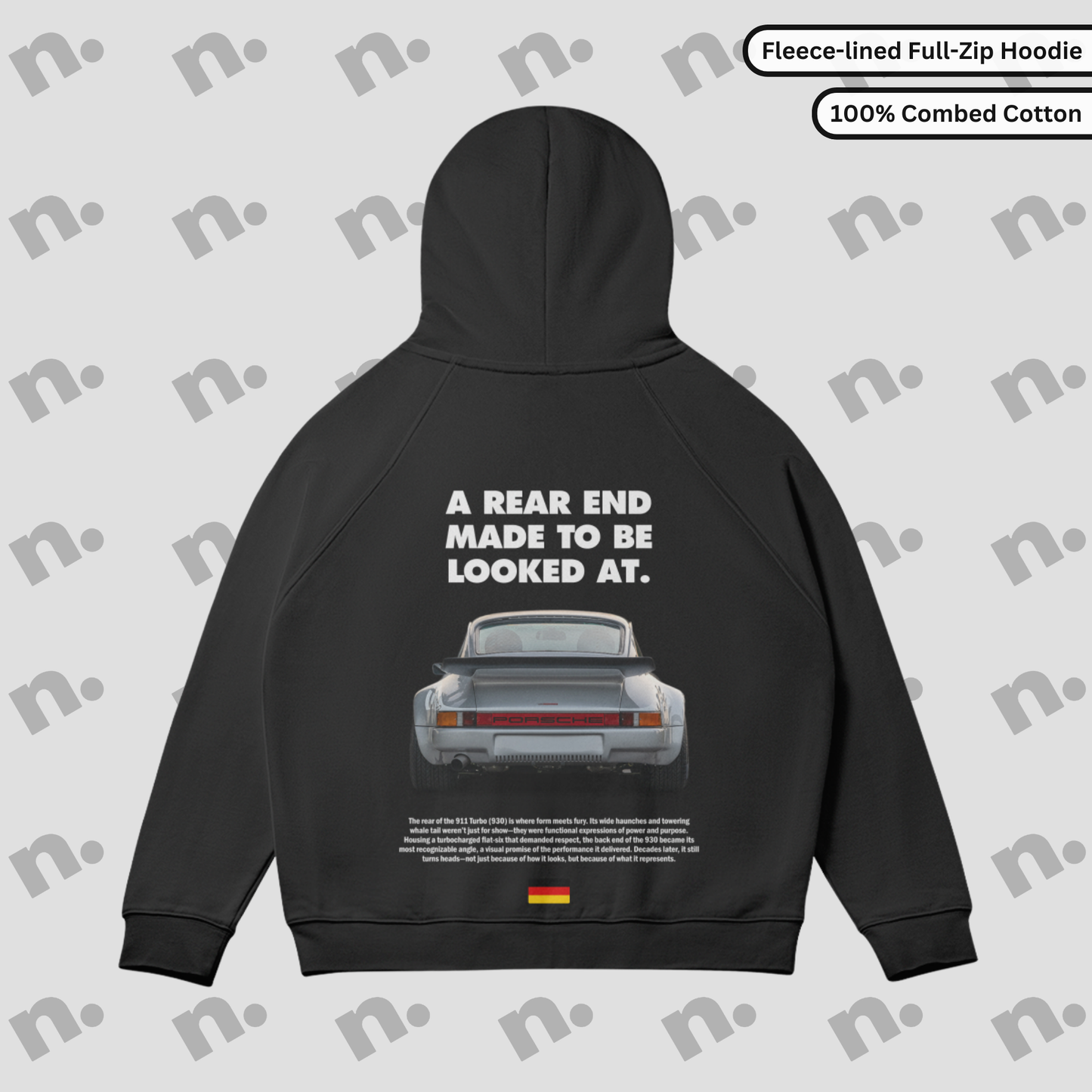 Porsche 930 Turbo rearview full zip hoodie – premium zip-up hoodie featuring classic turbocharged Porsche styling

