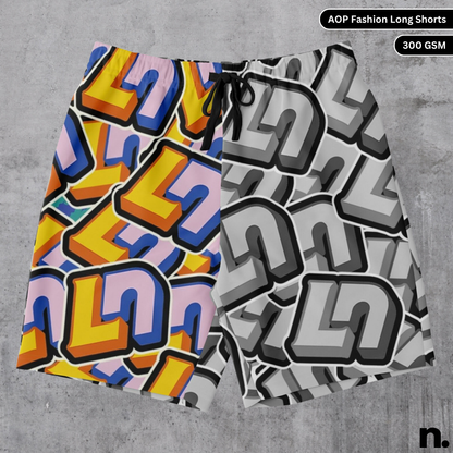 Flat lay of Lando Norris-inspired long shorts featuring a bold all-over LN initials pattern in racing style design