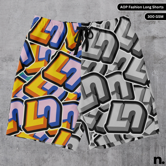 Flat lay of Lando Norris-inspired long shorts featuring a bold all-over LN initials pattern in racing style design