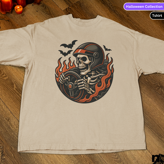 Beige t-shirt with a skeleton design on a wooden surface, labeled 'Halloween Collection'.