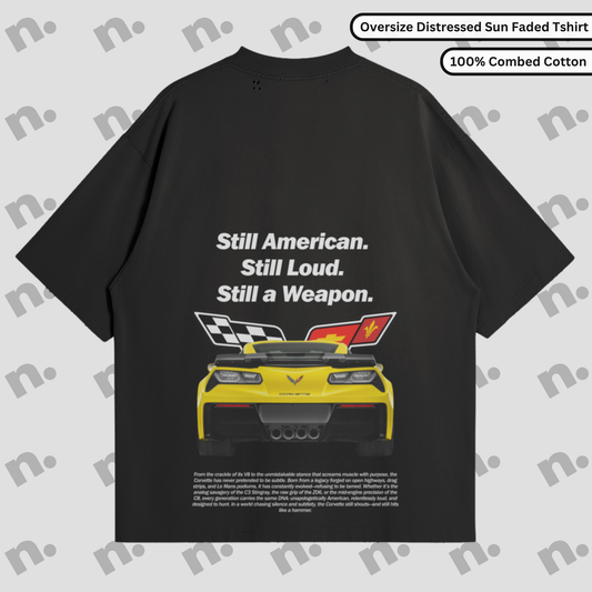 Oversized vintage-washed tee with vertical gradient and drop shoulders for the American legend.