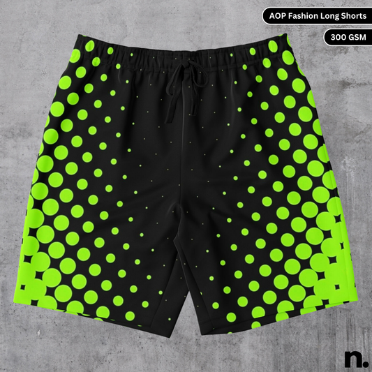 A flat lay of men's shorts featuring a vibrant all-over green and black bubbles pattern, showcasing the drawstring closure and pockets.