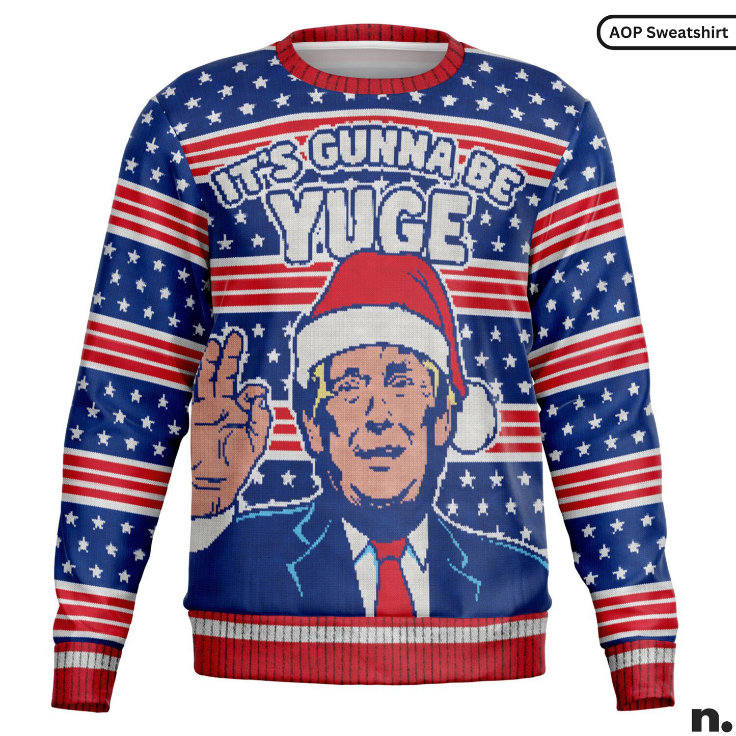 Sweatshirt with American flag design and graphic of a person in a Santa hat, labeled 'AOP Sweatshirt'.