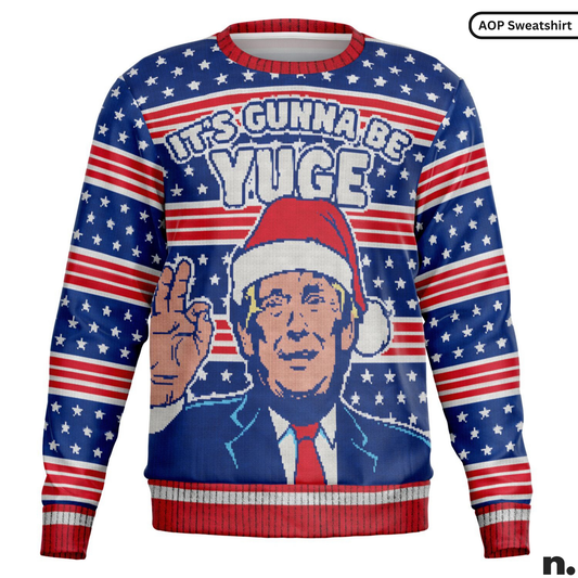 Sweatshirt with American flag design and graphic of a person in a Santa hat, labeled 'AOP Sweatshirt'.