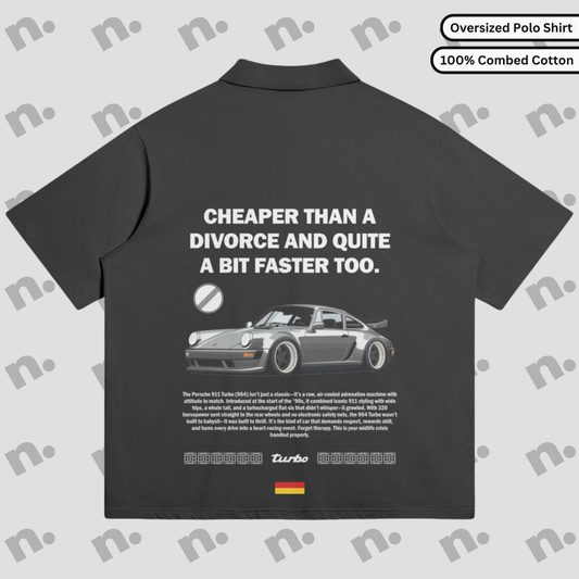 Flat lay of an oversized polo shirt featuring a clean Porsche 964 Turbo inspired design, styled with modern streetwear and automotive lifestyle accessories on a neutral background.

