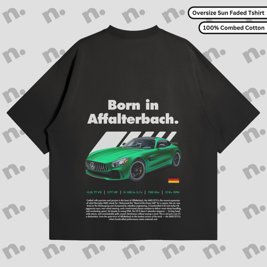 AMG-Born in Affalterbach oversized premium tee in black, high-quality cotton streetwear with bold graphic print – perfect for automotive enthusiasts.