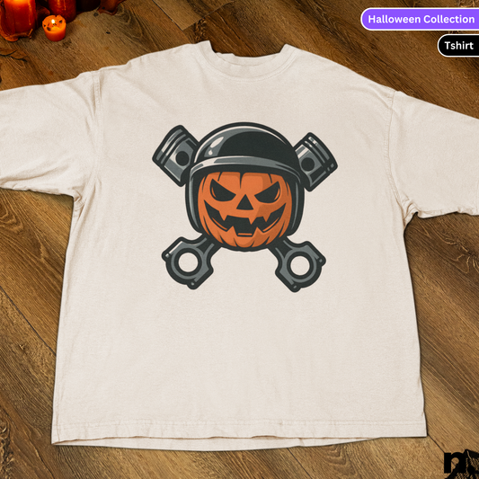 White t-shirt with Halloween-themed design featuring a pumpkin and crossed axes on a wooden surface.