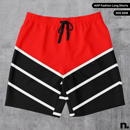 Flat lay mockup of black and red racing stripe shorts featuring bold motorsport-inspired design 