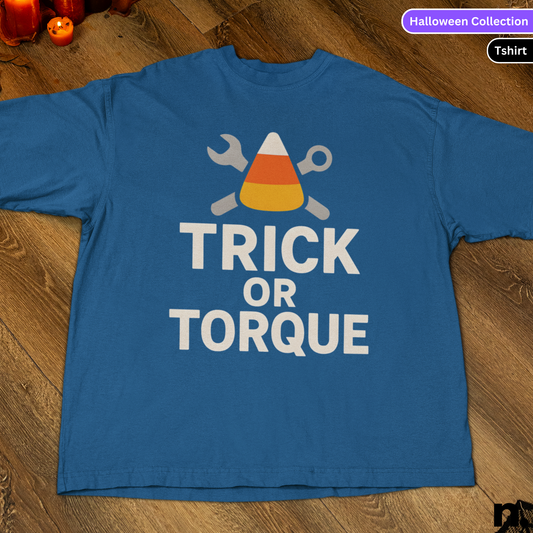 Trick or Torque halloween car enthusiasts inspired tee in royal blue 