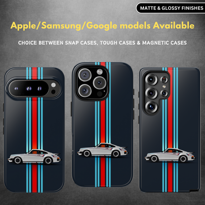 A phone case with a graphic of a car and stripes in red, white, and blue on a black background. The case is shown in matte and glossy finishes.