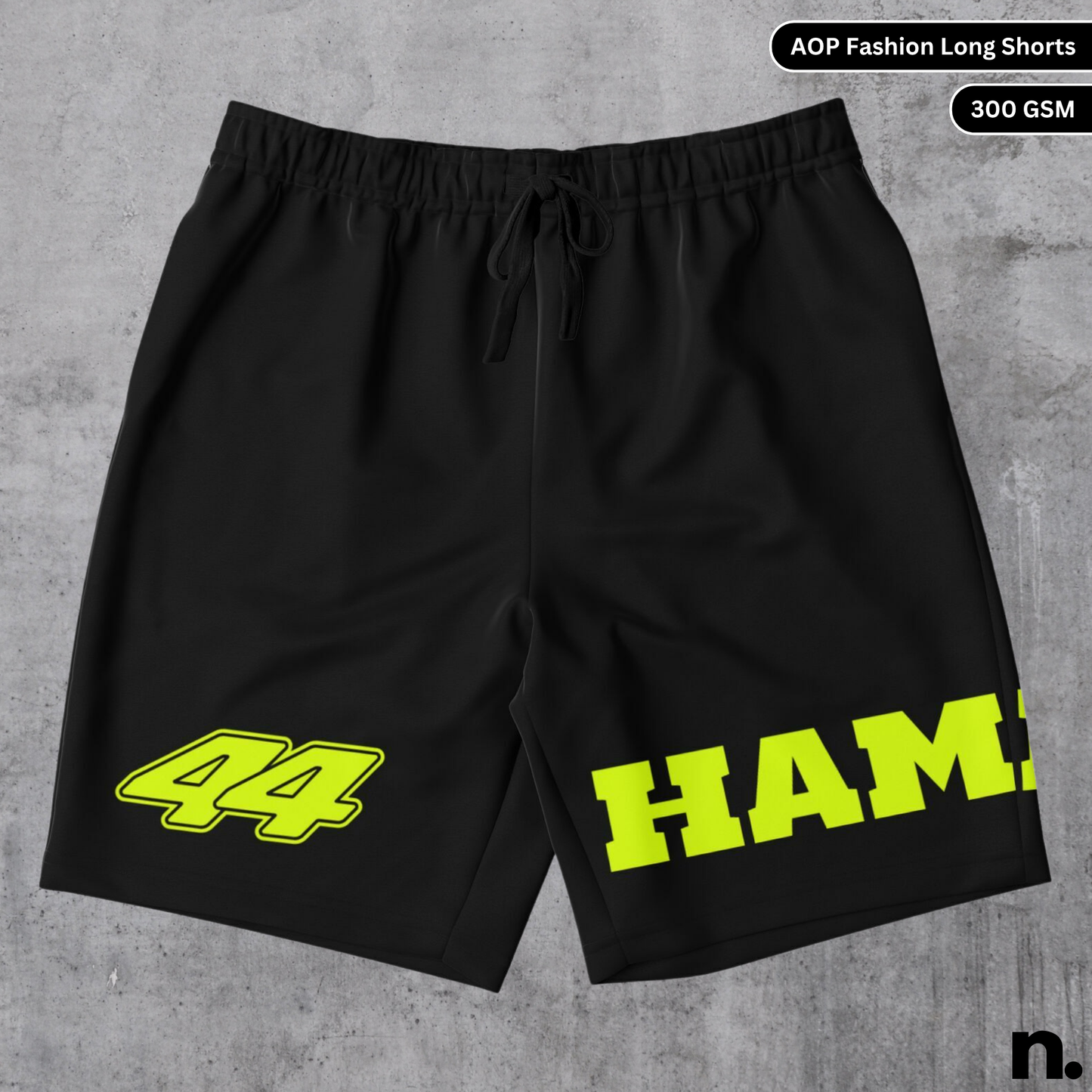 Flat lay mockup of Hamilton F1 inspired long shorts featuring race-themed graphics and adjustable waistband